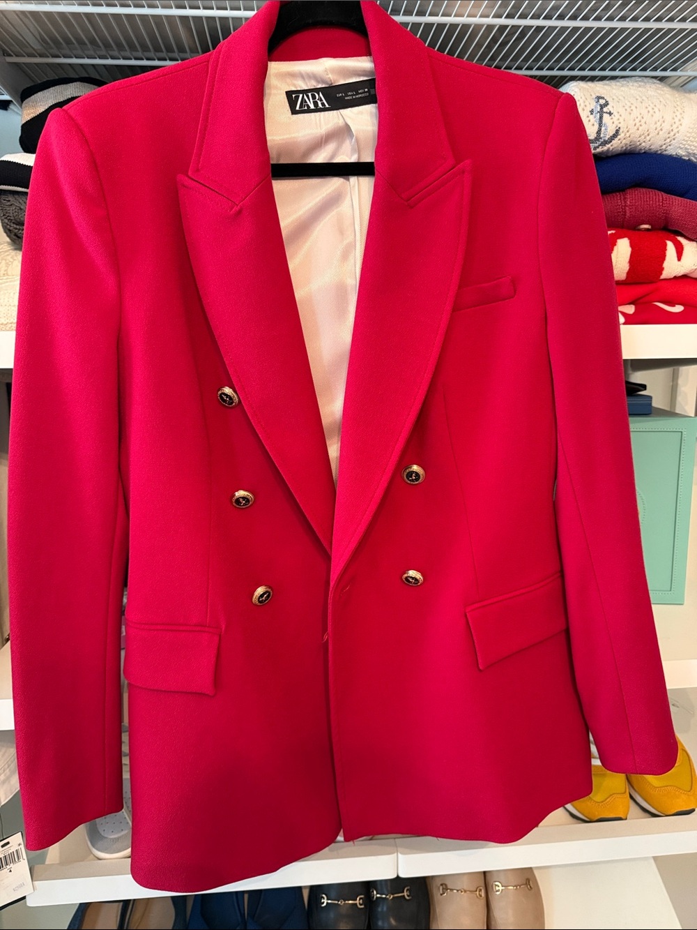 Zara Vibrant Red Double-Breasted Blazer with Gold Buttons